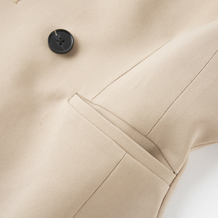 Simple Beige Draped Bust Mid-length Suit Jacket
