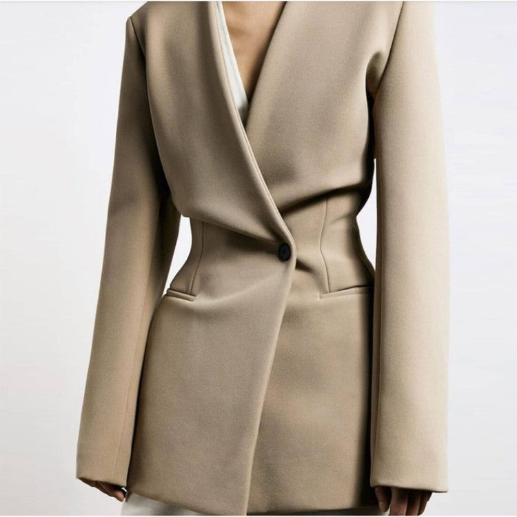 Simple Beige Draped Bust Mid-length Suit Jacket