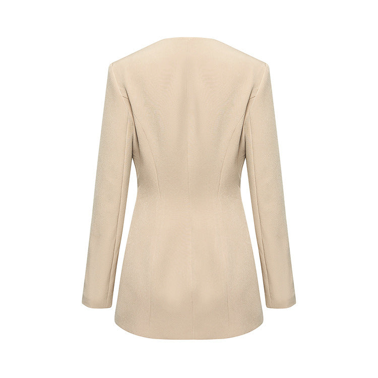 Simple Beige Draped Bust Mid-length Suit Jacket