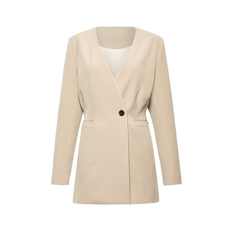 Simple Beige Draped Bust Mid-length Suit Jacket